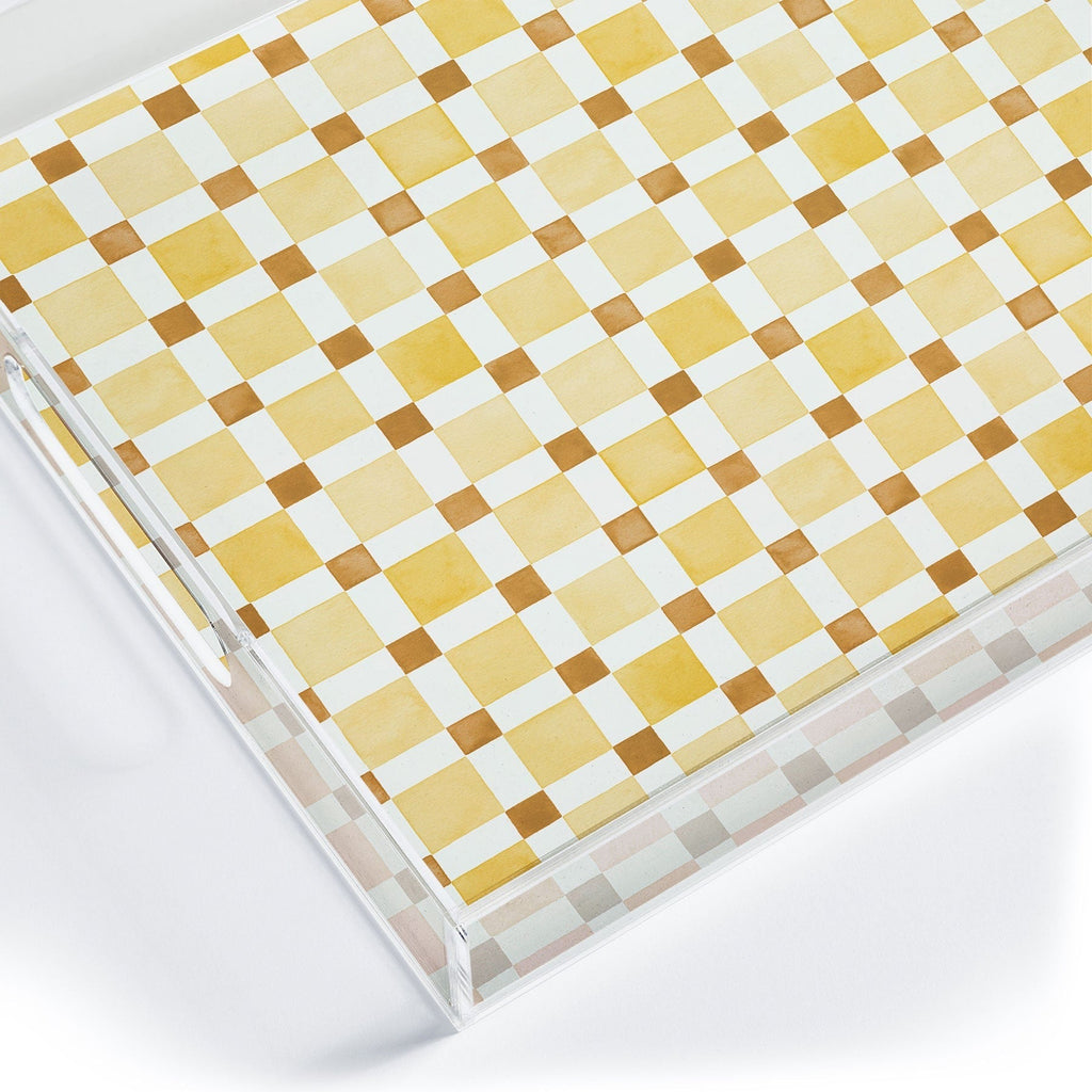 Ninola Design Everyday Artifact Checker Mosaic Tiles Geometry Yellow Acrylic Tray