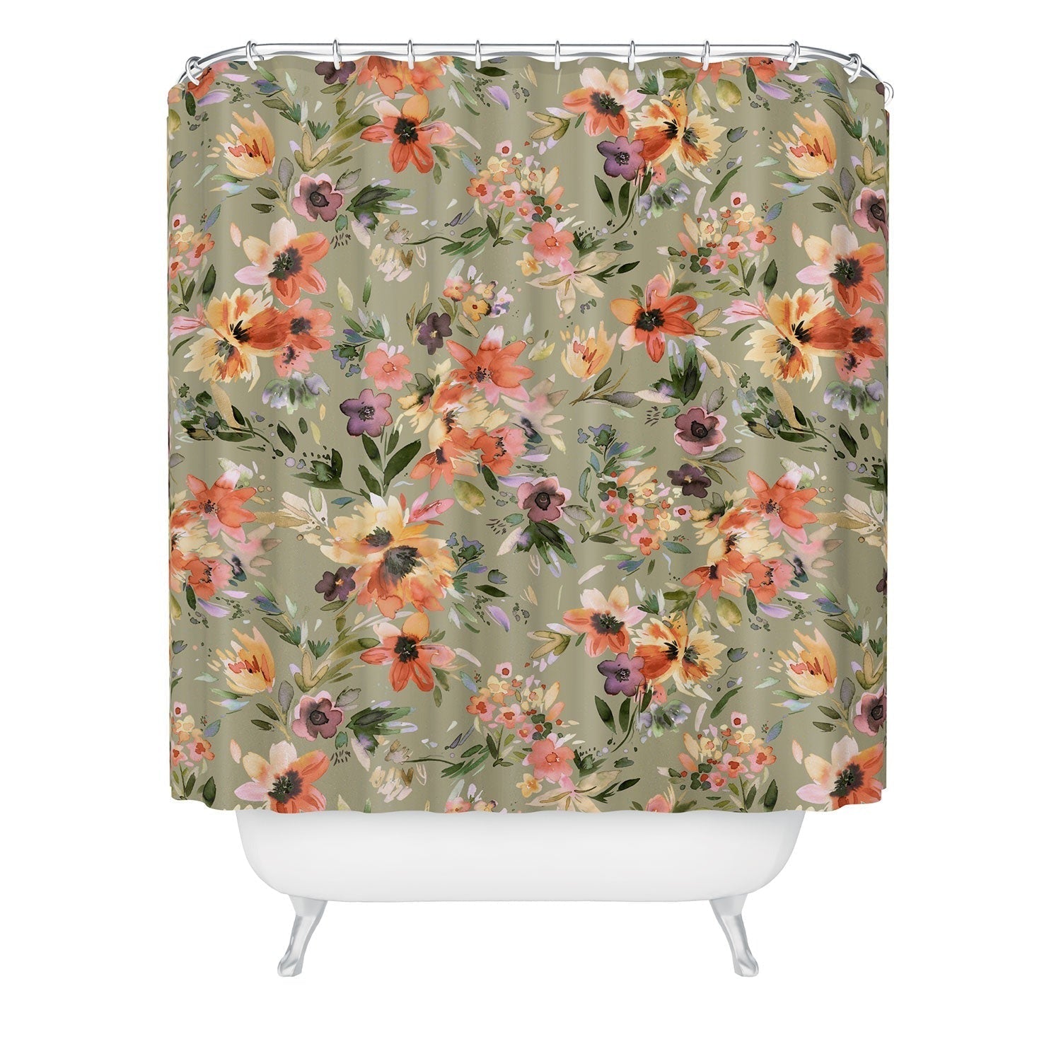 Ninola Design Botanic Retreat Painterly Tropical Flowers Sage Green Shower Curtain