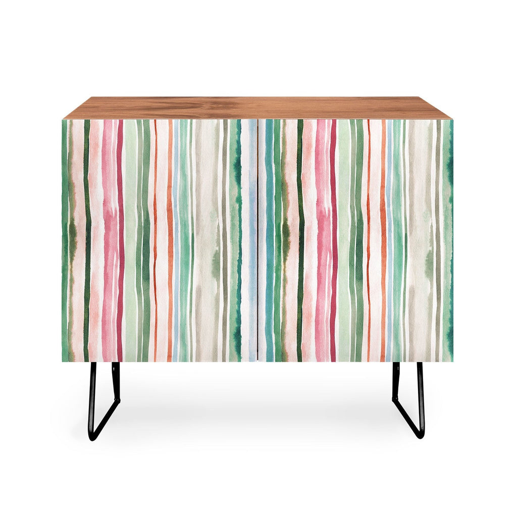 Ninola Design Botanic Retreat Watercolor Stripes Green Orange Red Credenza