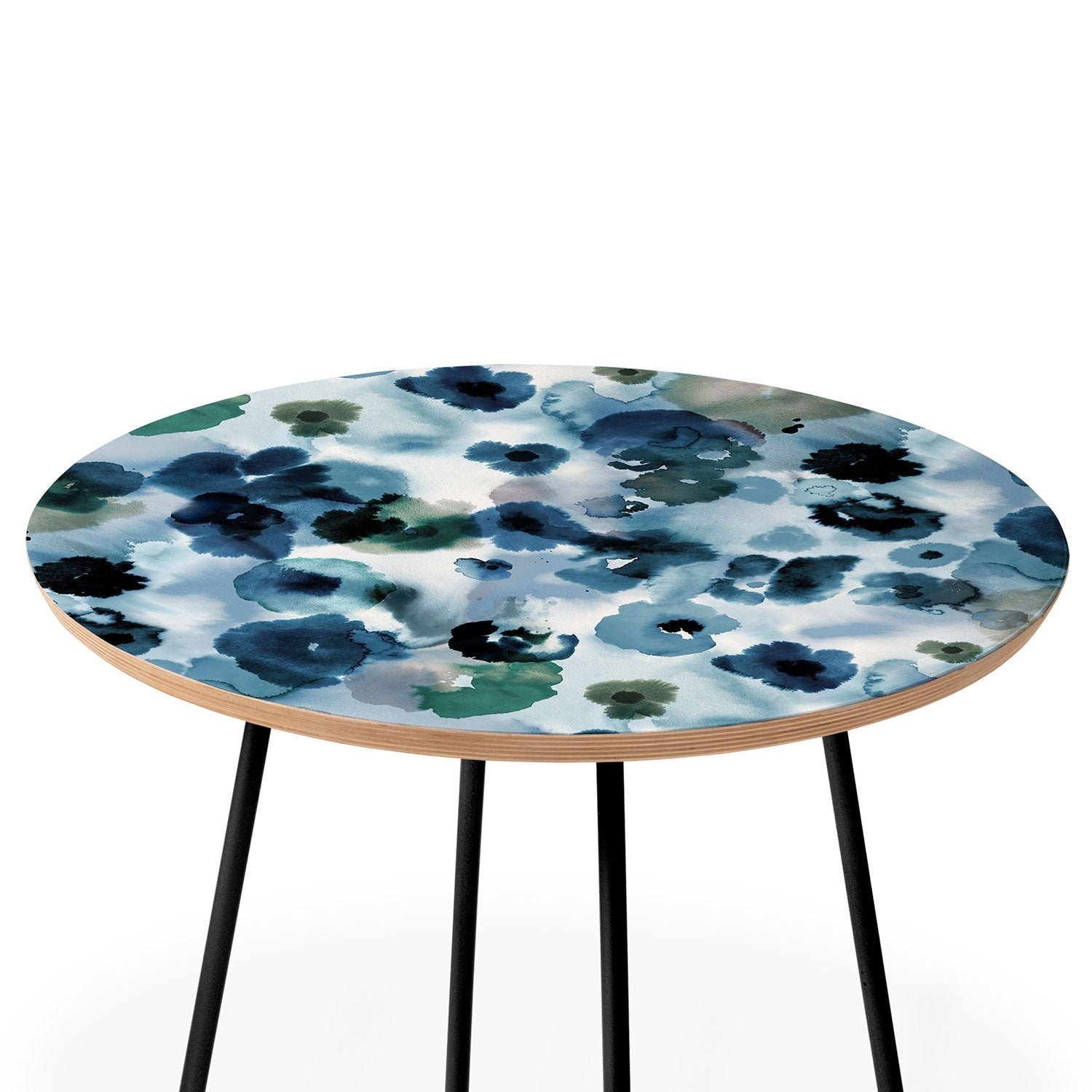 Ninola Design Botanic Retreat Ombre Abstract Watercolor Flowers Blue Navy Round Side Table