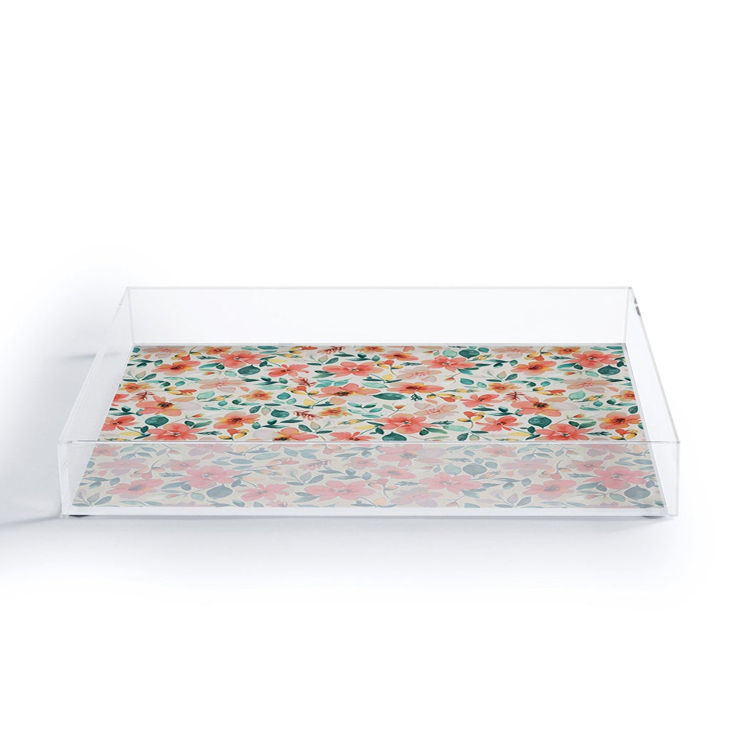 Ninola Design Botanic Retreat Tropical Whimsical Flowers Coral Green Acrylic Tray