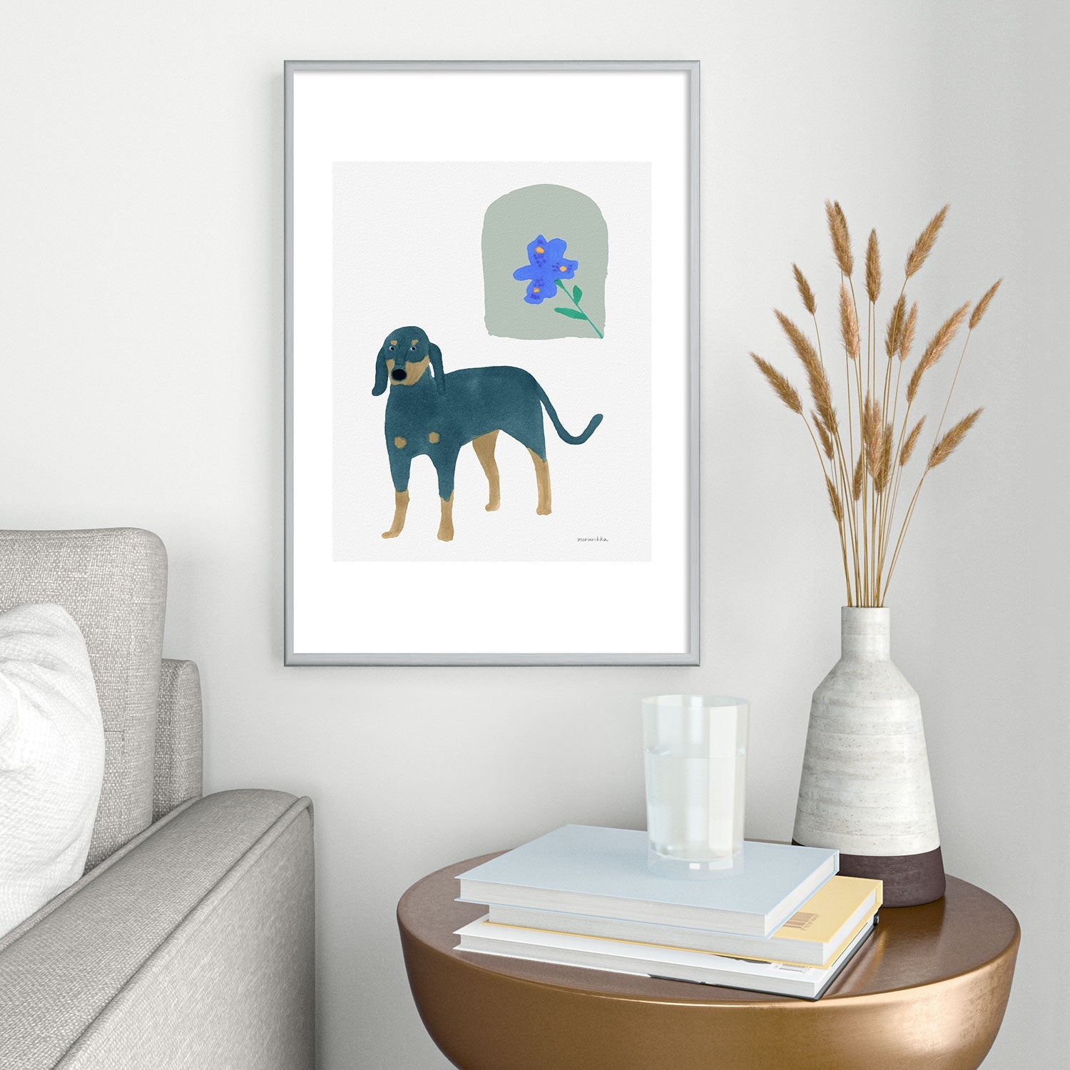 norarikka Dog and a Mini HalfRound Window Metal Framed Art Print