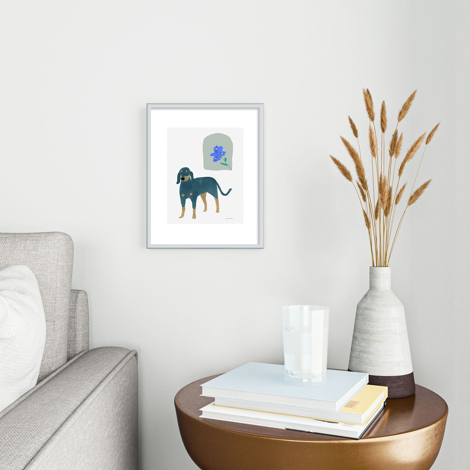 norarikka Dog and a Mini HalfRound Window Metal Framed Art Print