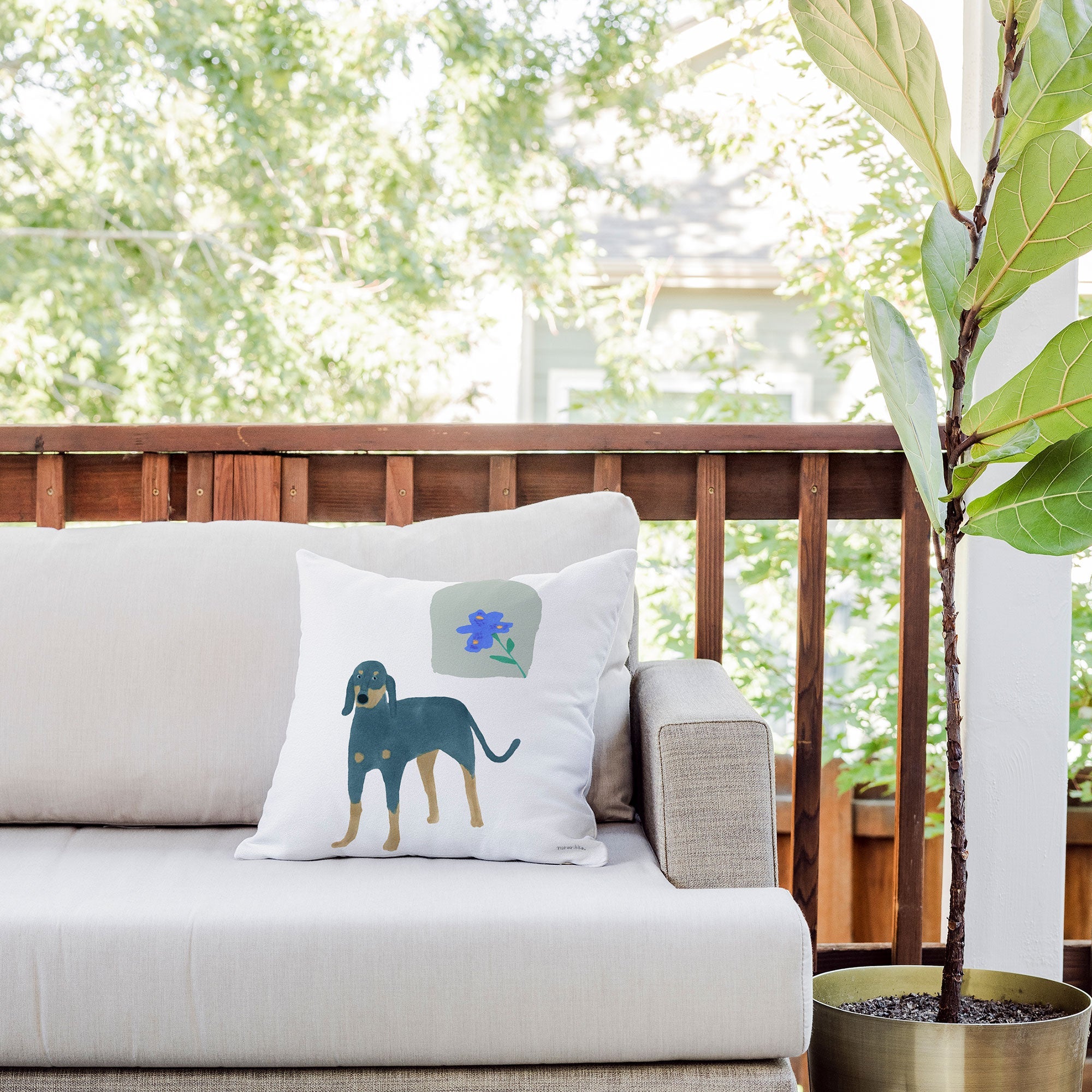 norarikka Dog and a Mini HalfRound Window Outdoor Throw Pillow