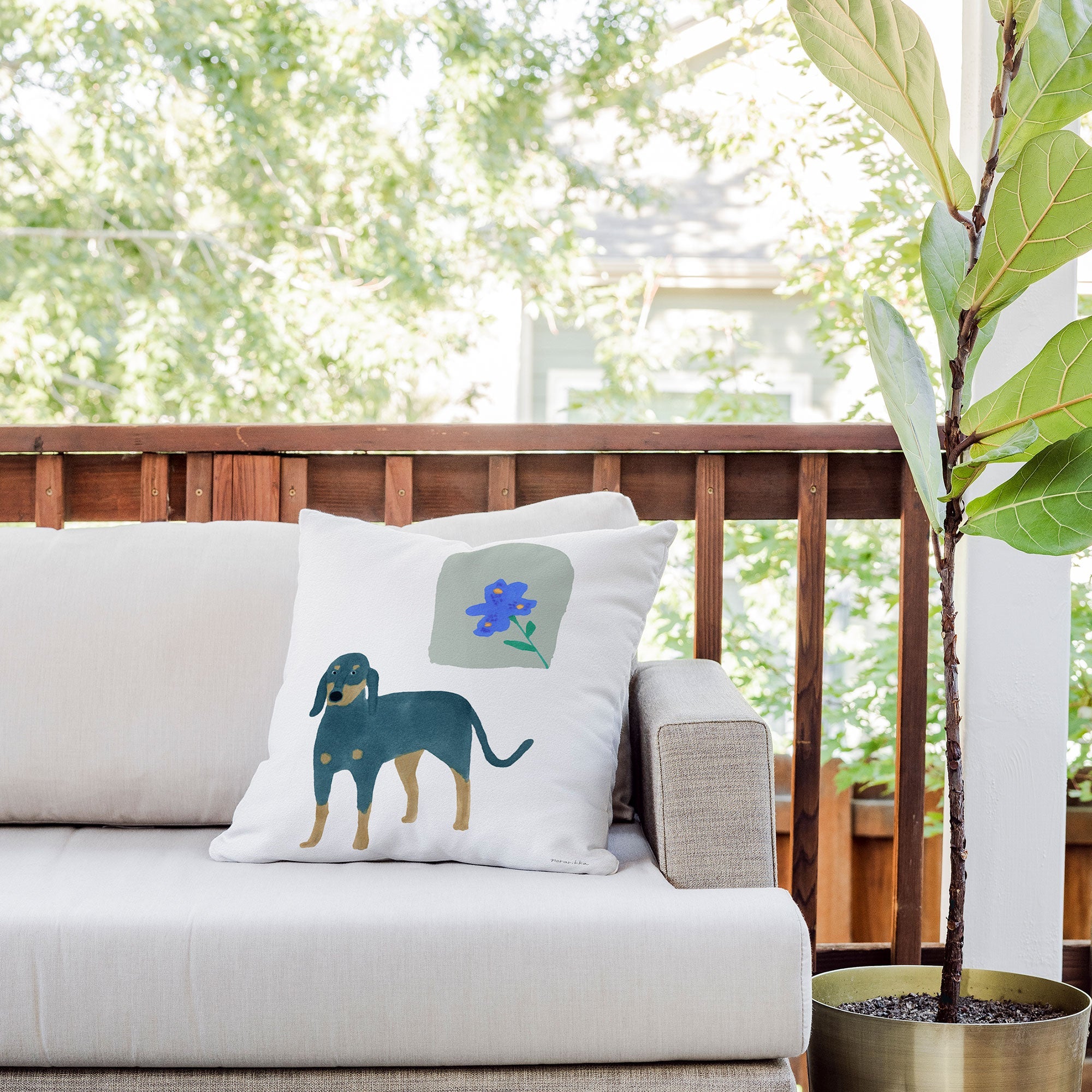 norarikka Dog and a Mini HalfRound Window Outdoor Throw Pillow