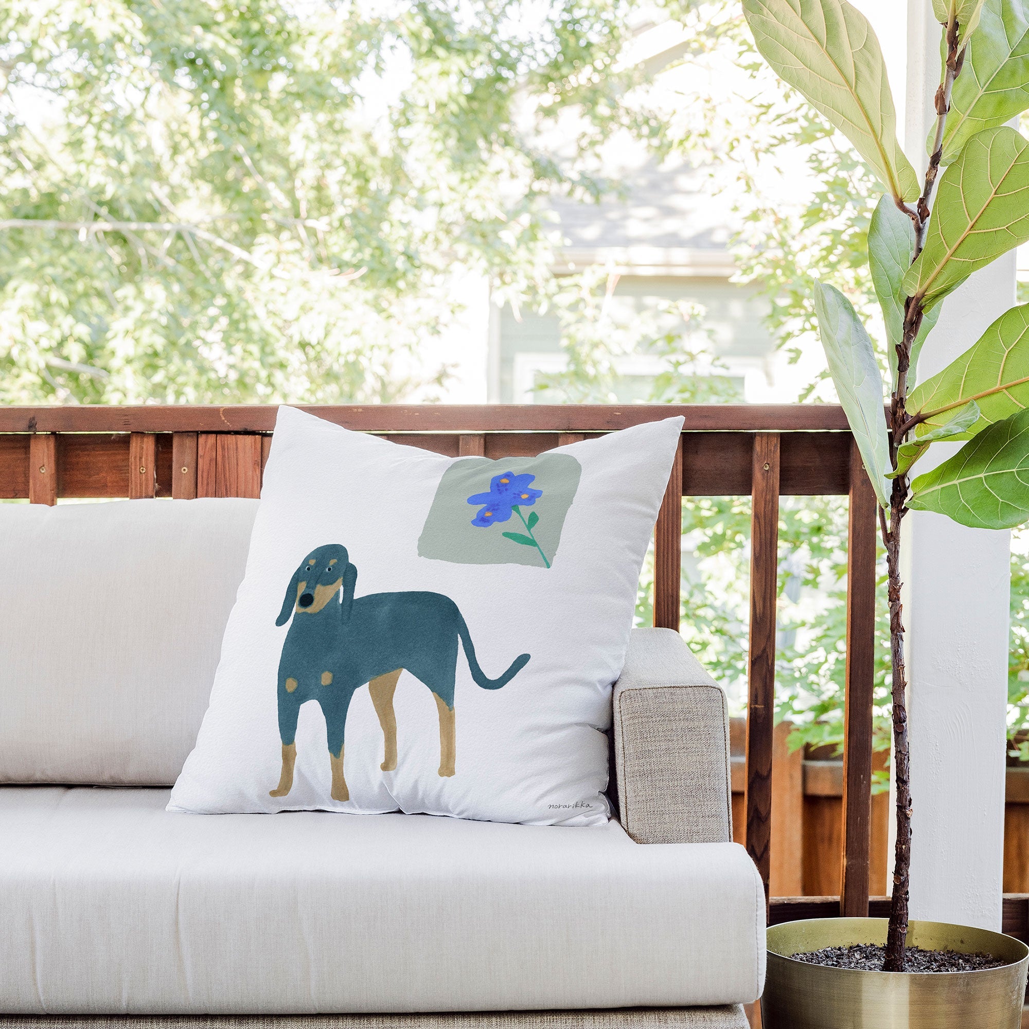 norarikka Dog and a Mini HalfRound Window Outdoor Throw Pillow