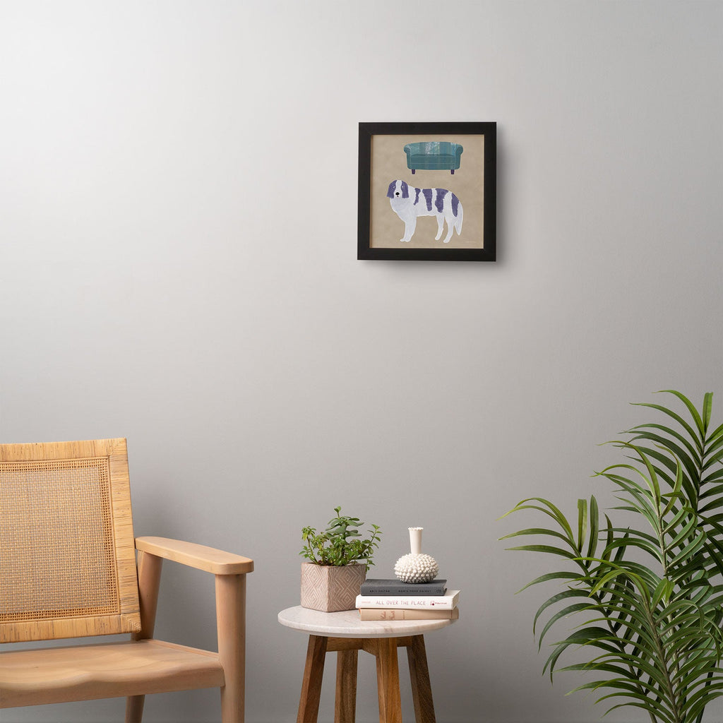 norarikka Dog and a Sofa Purple and Beige Framed Wall Art