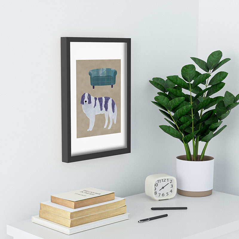 norarikka Dog and a Sofa Purple and Beige Recessed Framing Rectangle