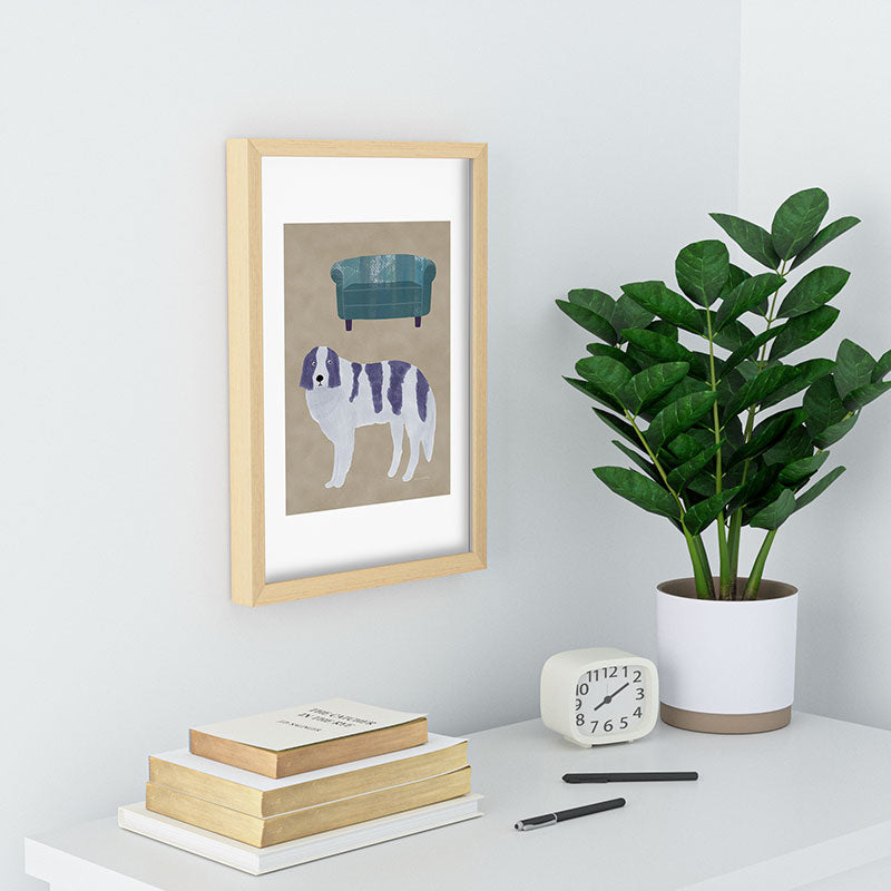 norarikka Dog and a Sofa Purple and Beige Recessed Framing Rectangle