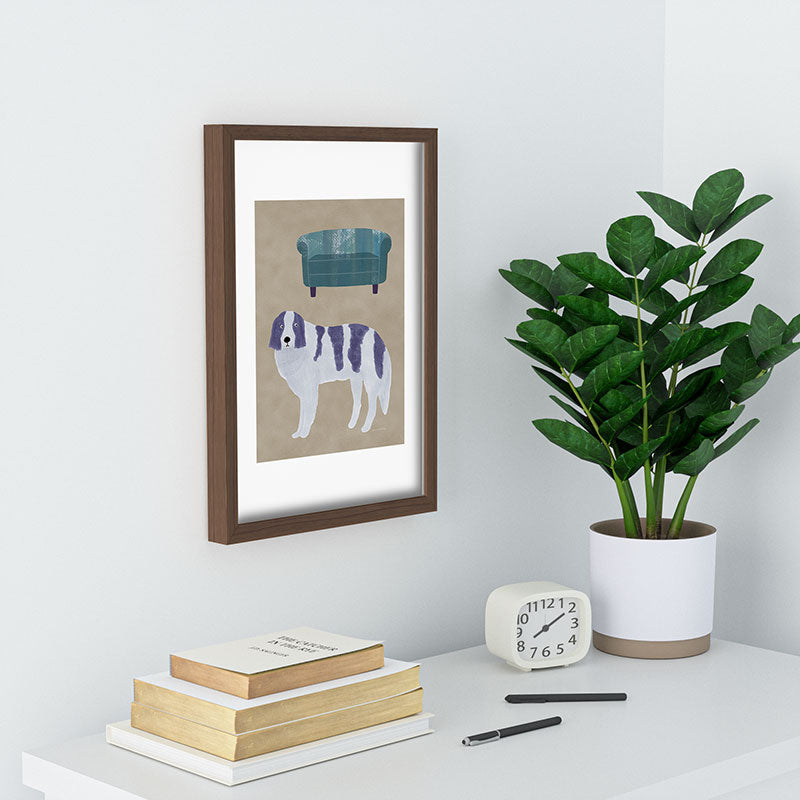 norarikka Dog and a Sofa Purple and Beige Recessed Framing Rectangle
