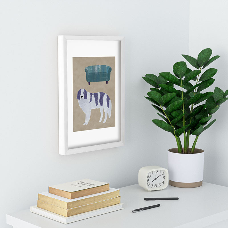 norarikka Dog and a Sofa Purple and Beige Recessed Framing Rectangle