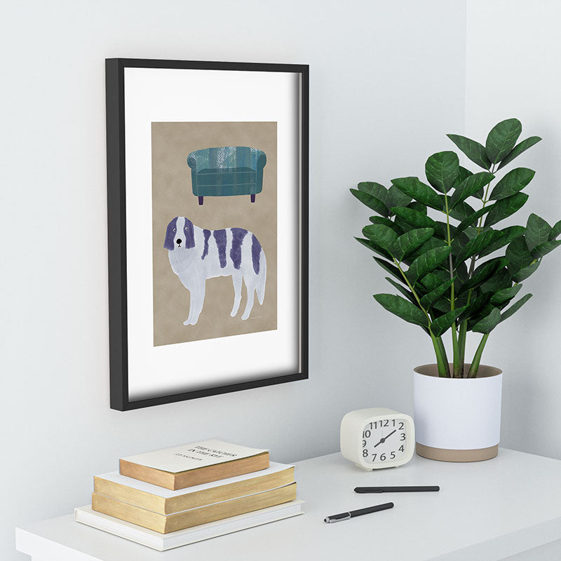 norarikka Dog and a Sofa Purple and Beige Recessed Framing Rectangle