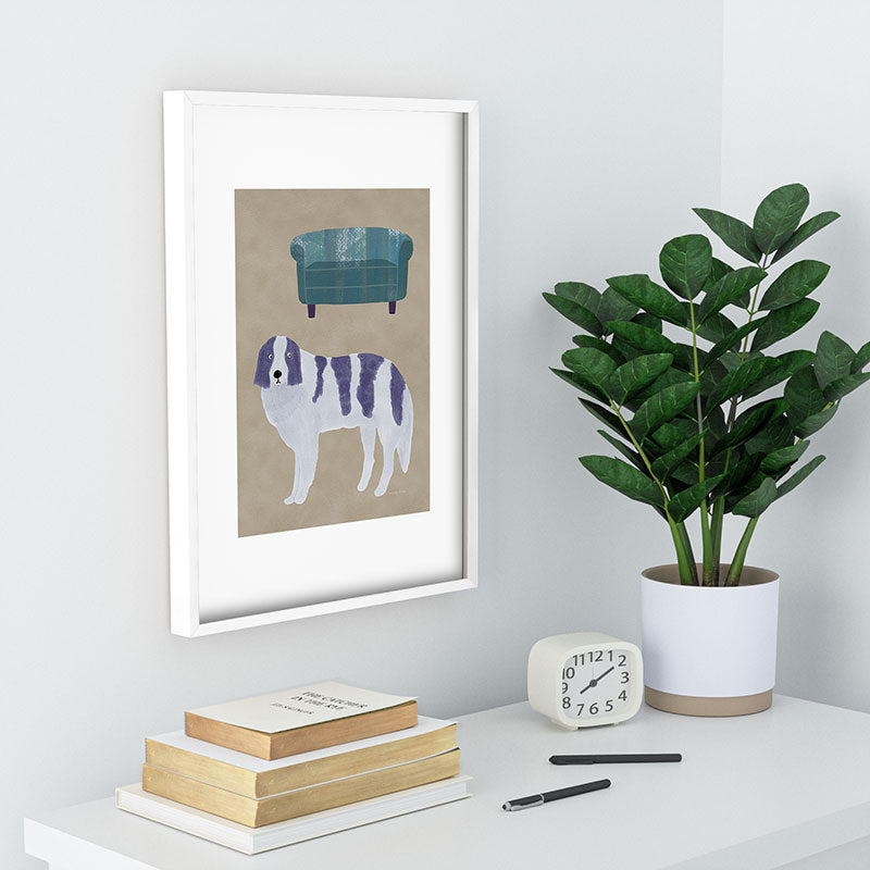 norarikka Dog and a Sofa Purple and Beige Recessed Framing Rectangle