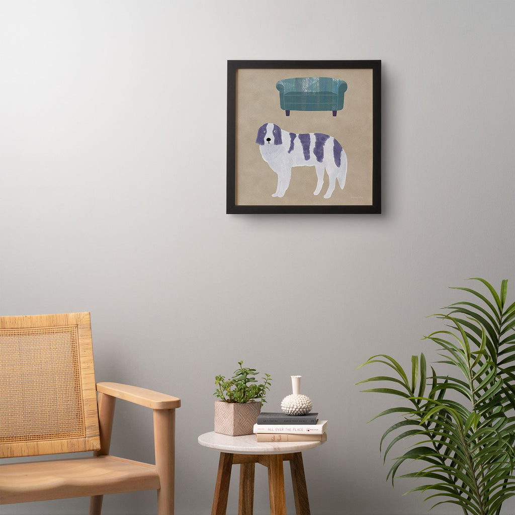 norarikka Dog and a Sofa Purple and Beige Framed Wall Art