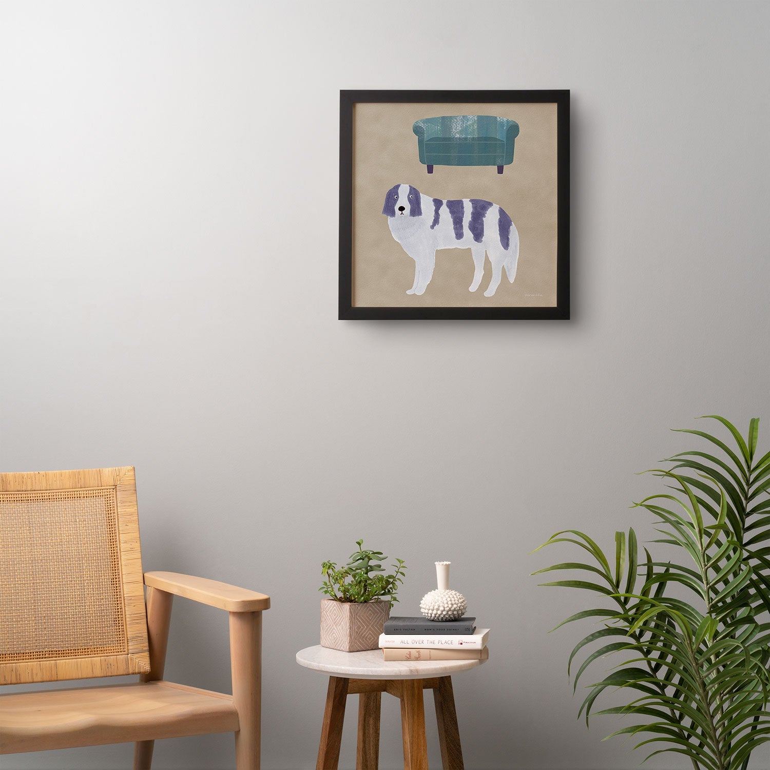 norarikka Dog and a Sofa Purple and Beige Framed Wall Art