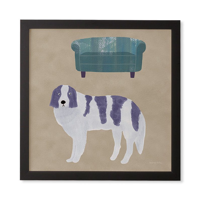 norarikka Dog and a Sofa Purple and Beige Framed Wall Art