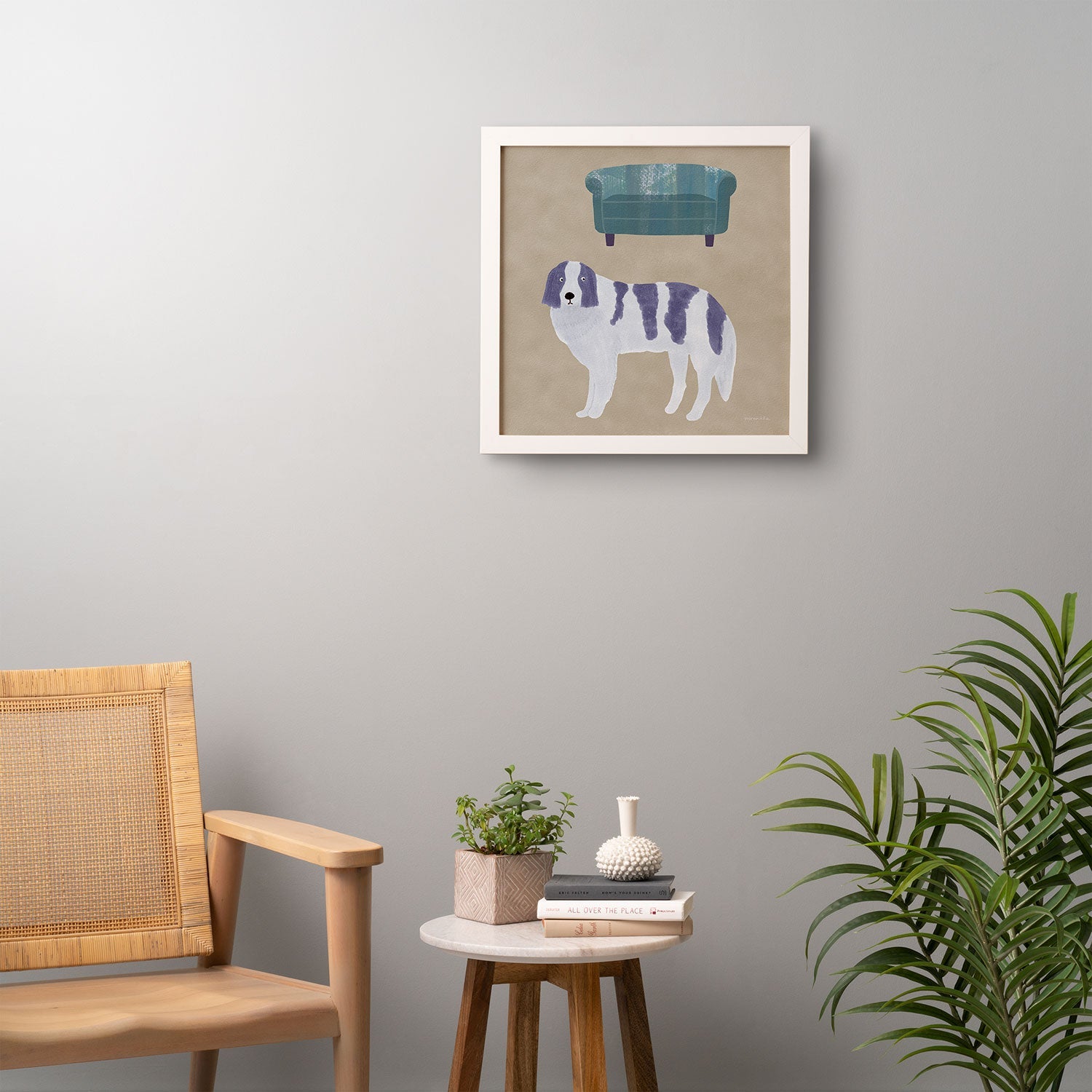 norarikka Dog and a Sofa Purple and Beige Framed Wall Art