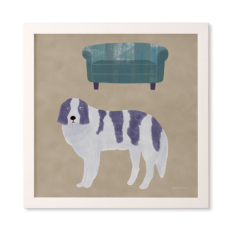 norarikka Dog and a Sofa Purple and Beige Framed Wall Art