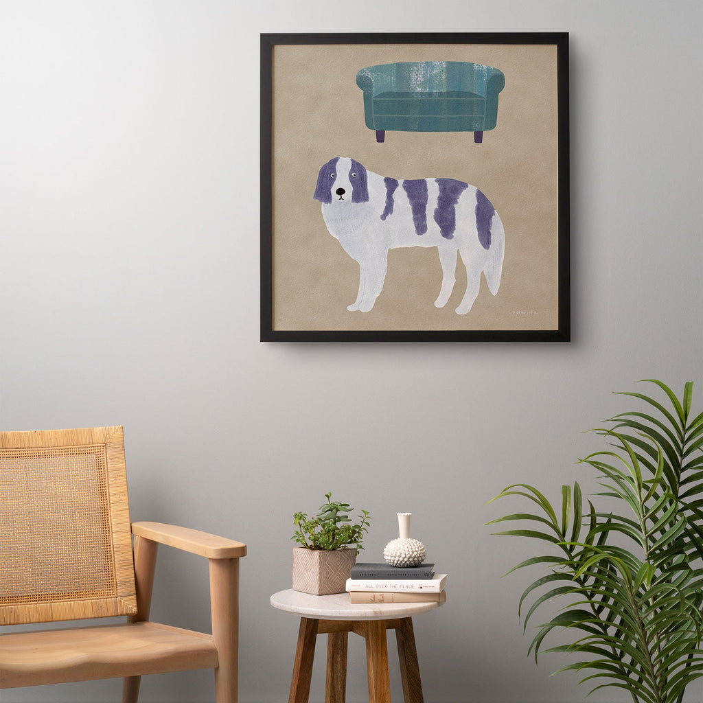 norarikka Dog and a Sofa Purple and Beige Framed Wall Art