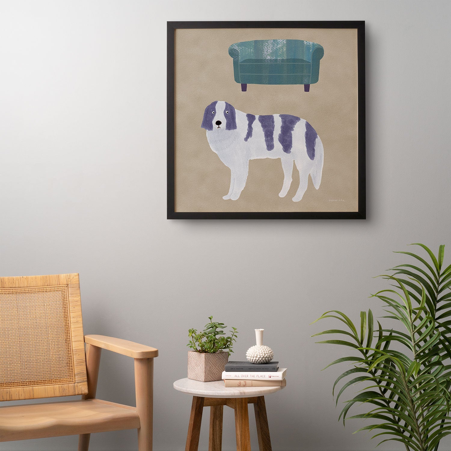 norarikka Dog and a Sofa Purple and Beige Framed Wall Art
