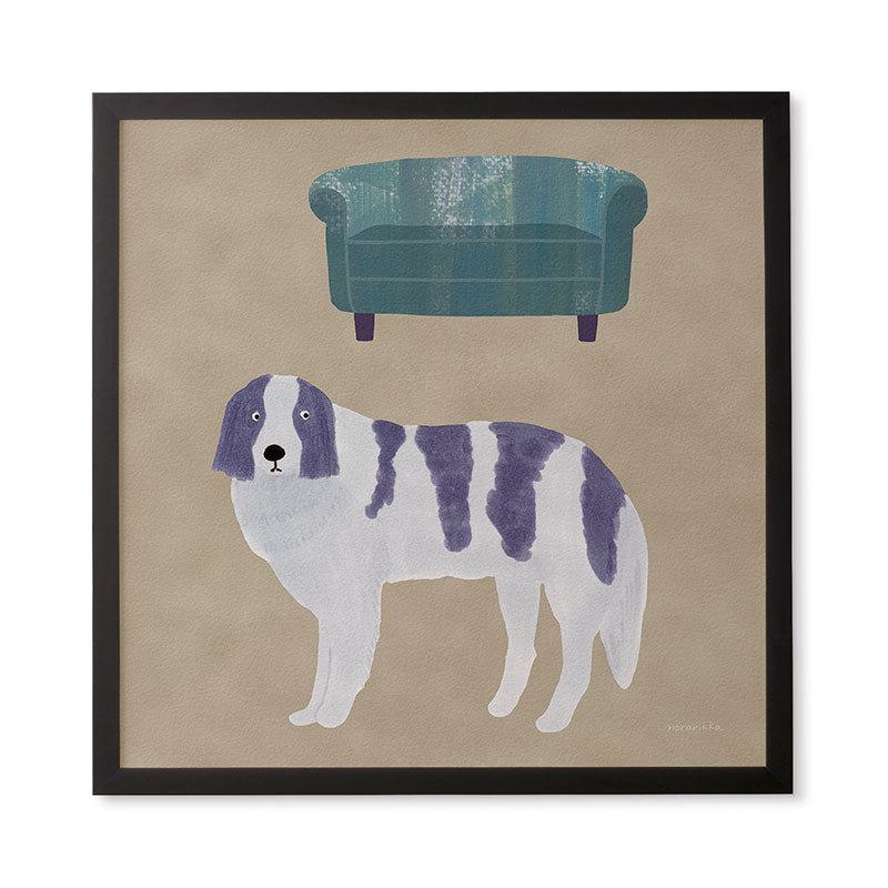 norarikka Dog and a Sofa Purple and Beige Framed Wall Art
