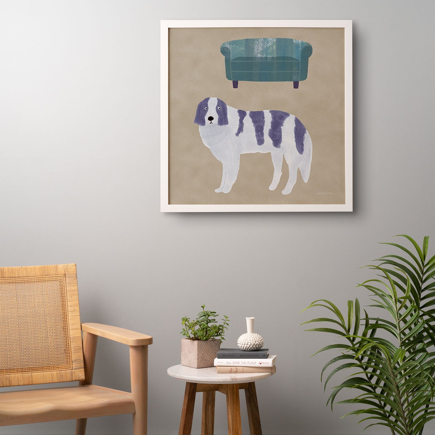 norarikka Dog and a Sofa Purple and Beige Framed Wall Art