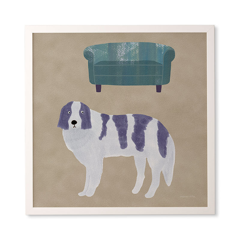 norarikka Dog and a Sofa Purple and Beige Framed Wall Art