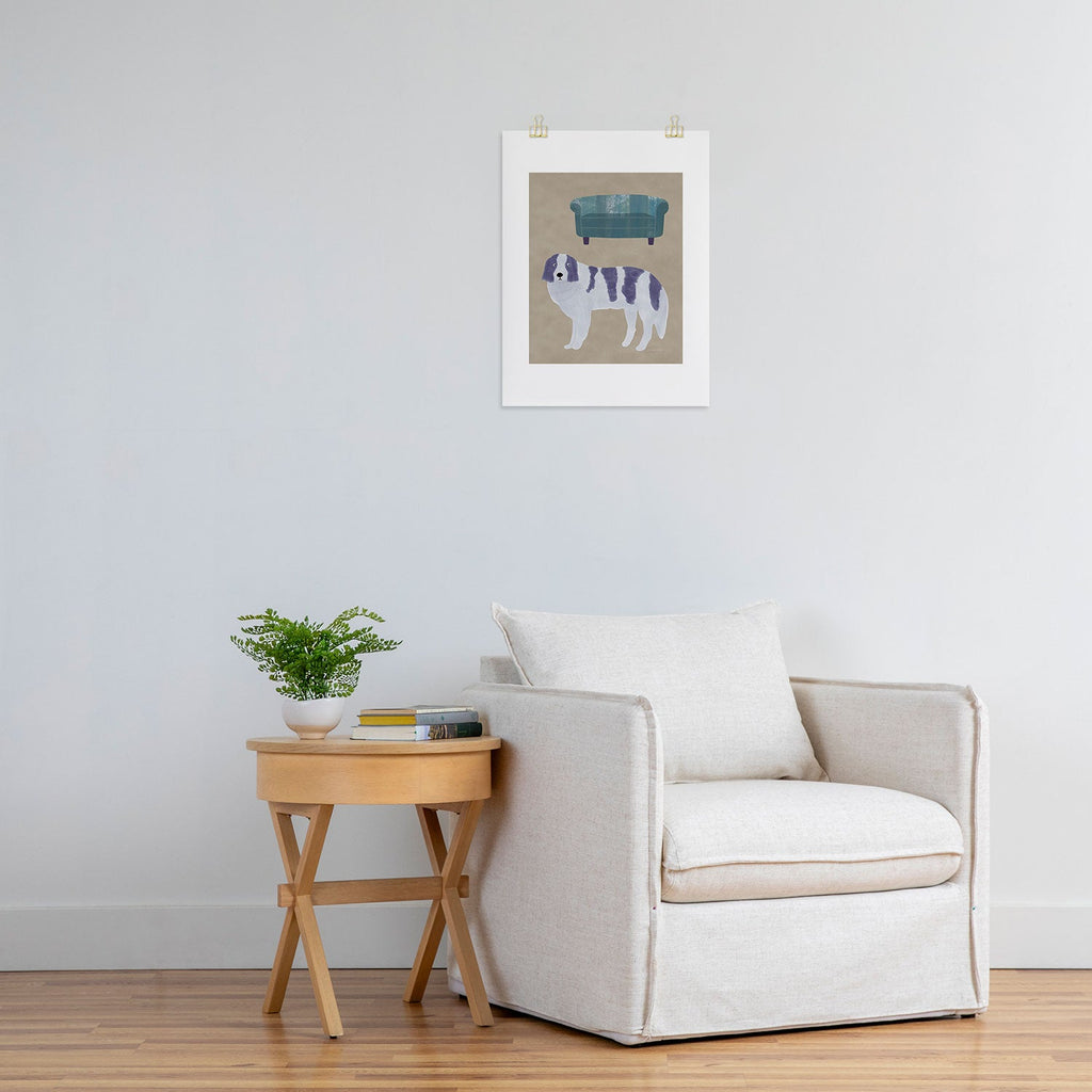 norarikka Dog and a Sofa Purple and Beige Art Print