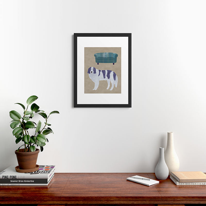 norarikka Dog and a Sofa Purple and Beige Framed Art Print