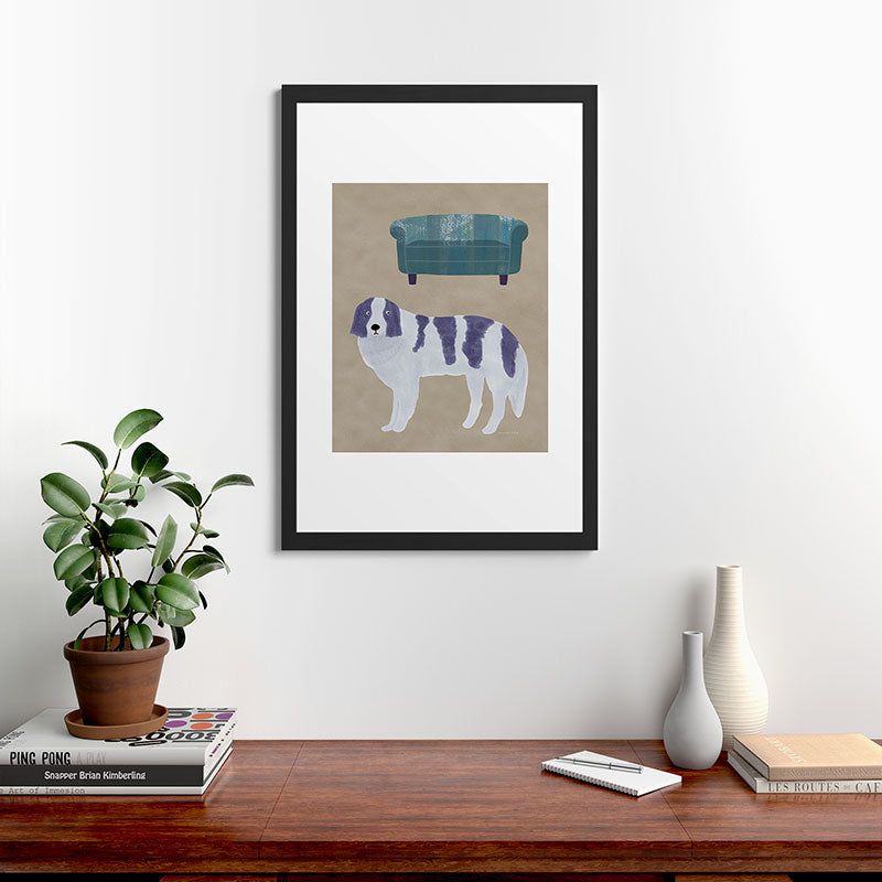 norarikka Dog and a Sofa Purple and Beige Framed Art Print