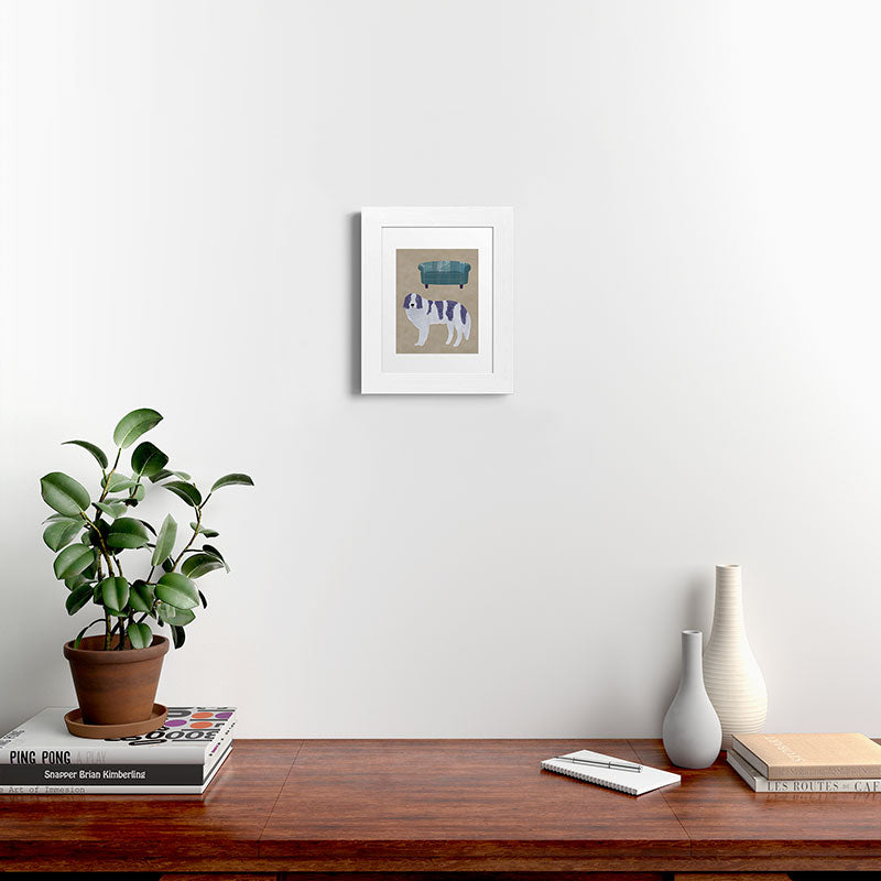 norarikka Dog and a Sofa Purple and Beige Framed Art Print