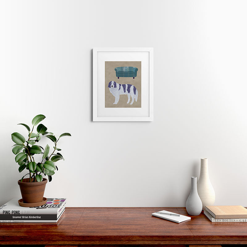 norarikka Dog and a Sofa Purple and Beige Framed Art Print