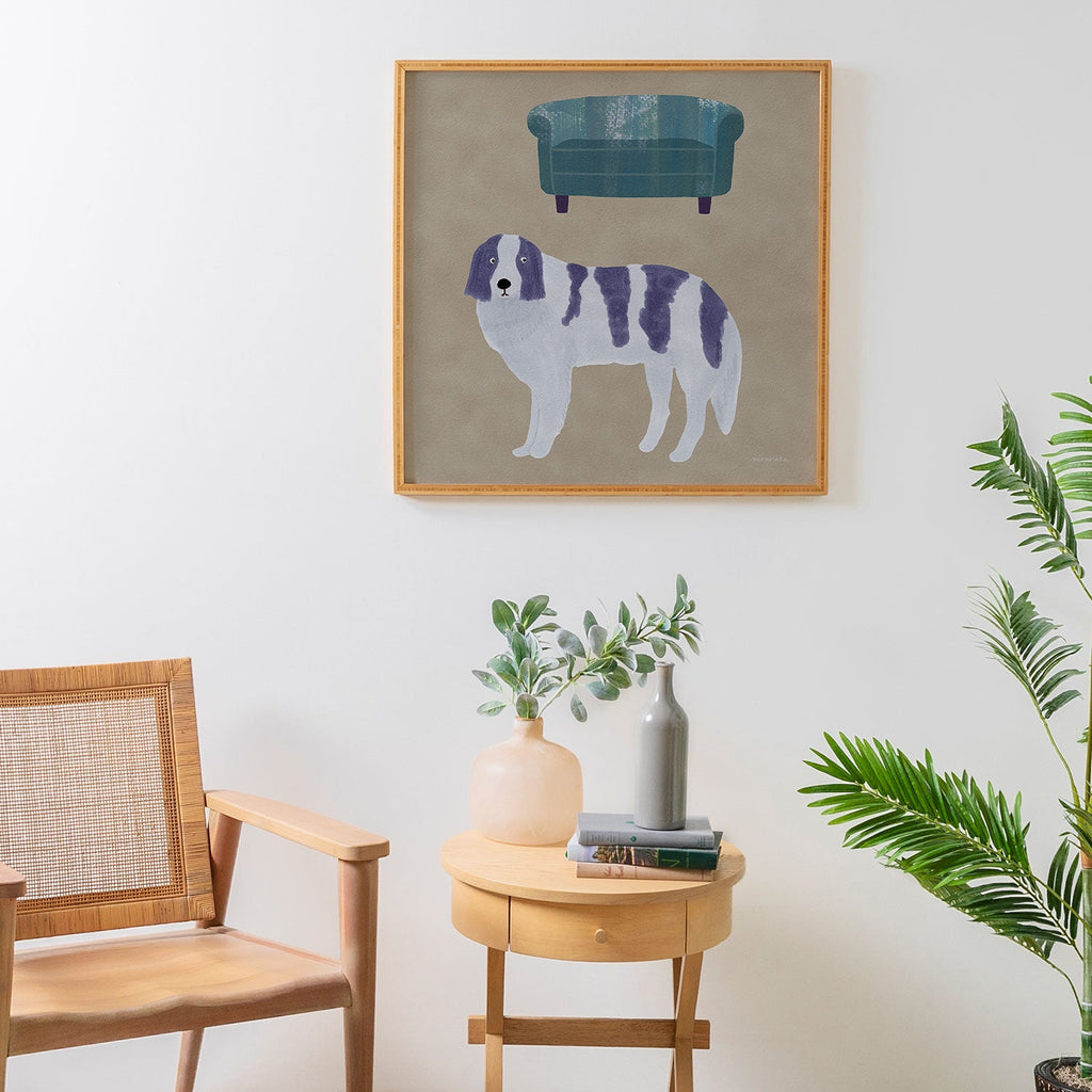 norarikka Dog and a Sofa Purple and Beige Framed Wall Art