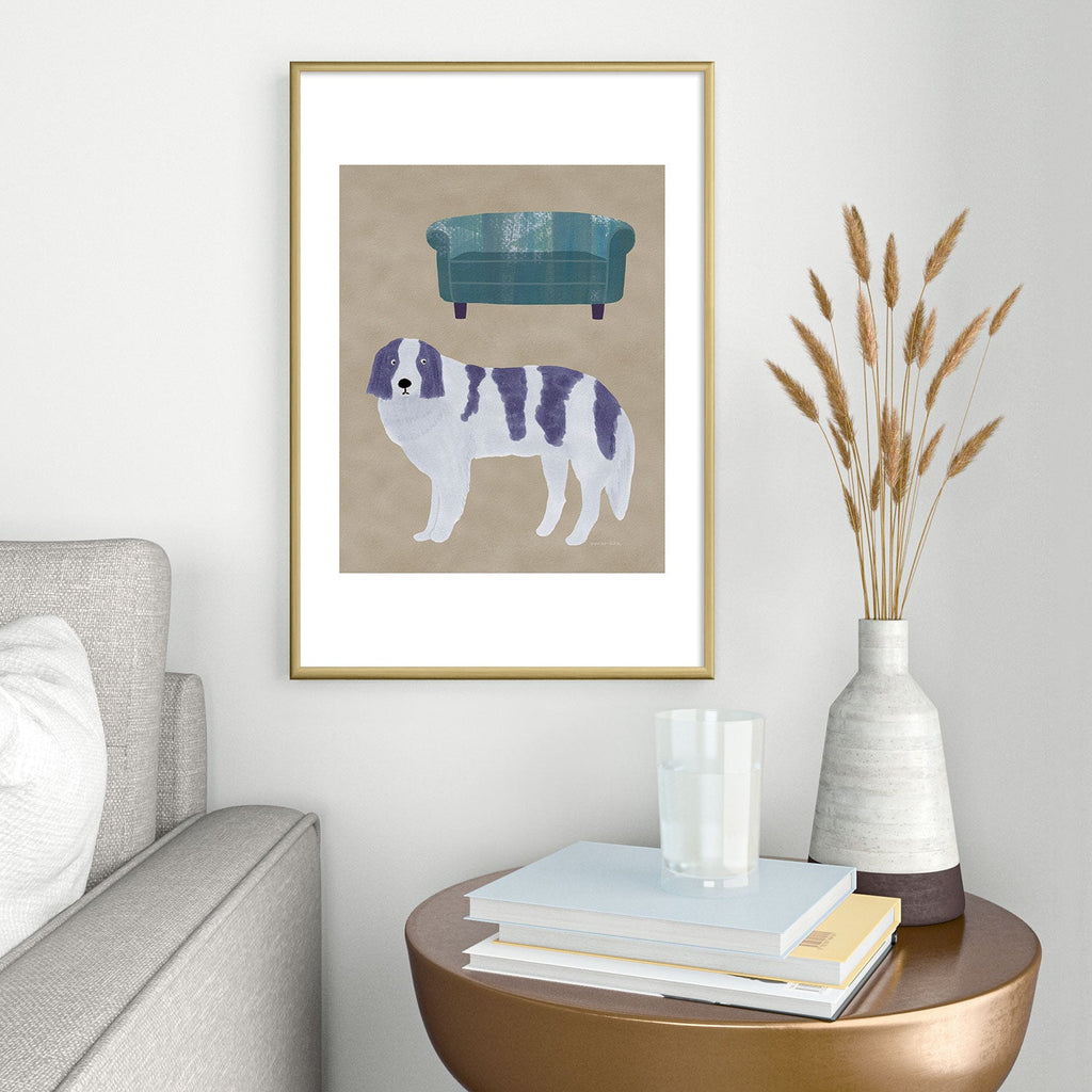 norarikka Dog and a Sofa Purple and Beige Metal Framed Art Print