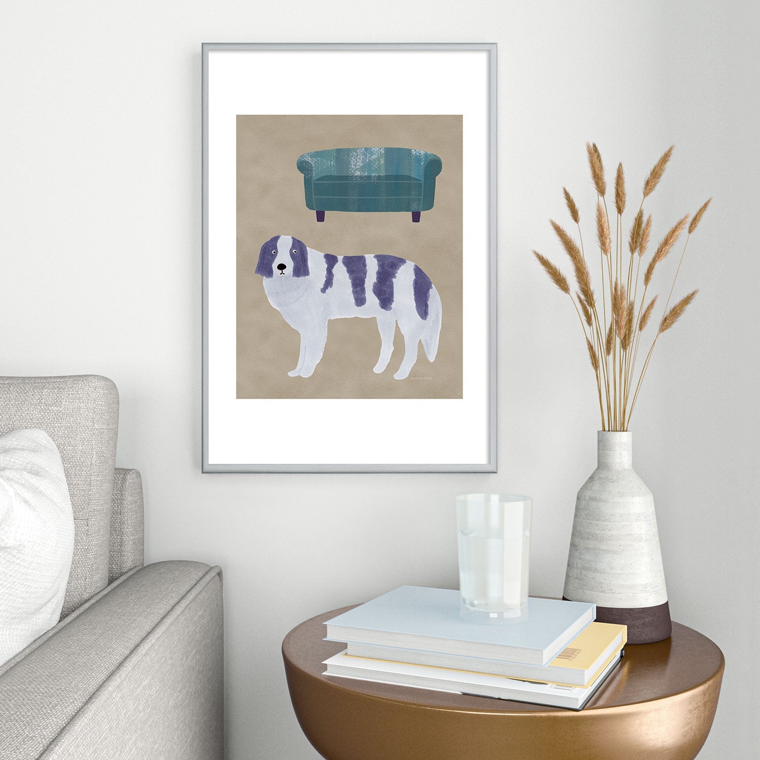 norarikka Dog and a Sofa Purple and Beige Metal Framed Art Print
