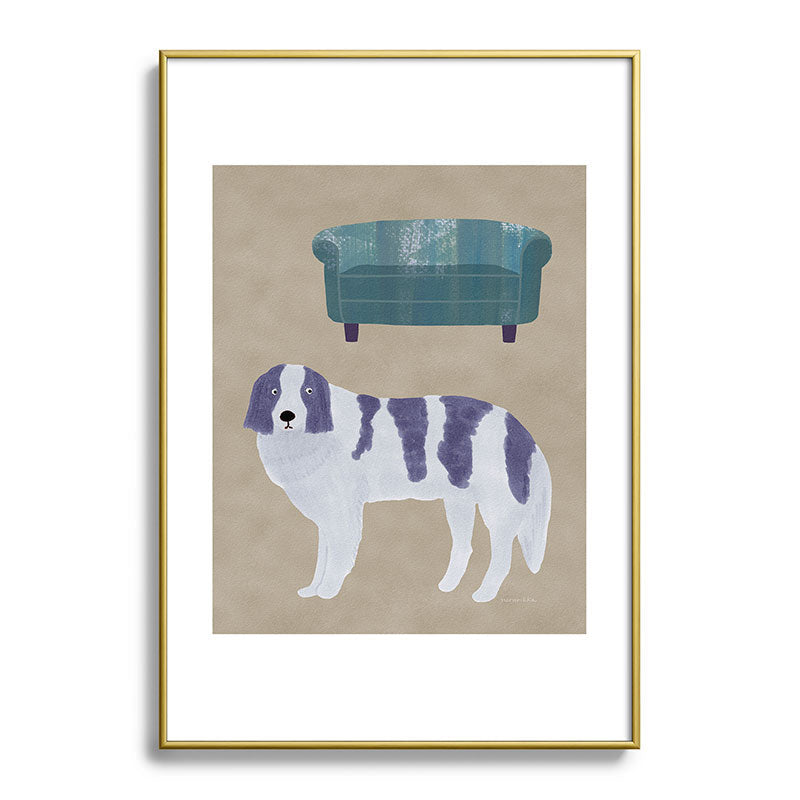 norarikka Dog and a Sofa Purple and Beige Metal Framed Art Print