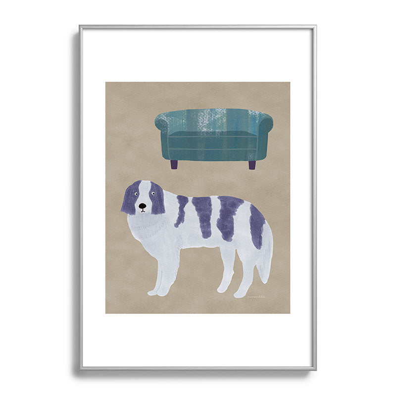 norarikka Dog and a Sofa Purple and Beige Metal Framed Art Print