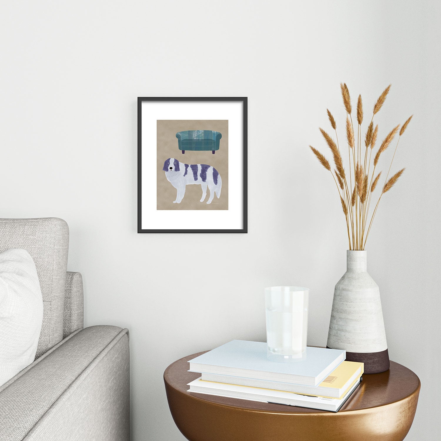 norarikka Dog and a Sofa Purple and Beige Metal Framed Art Print