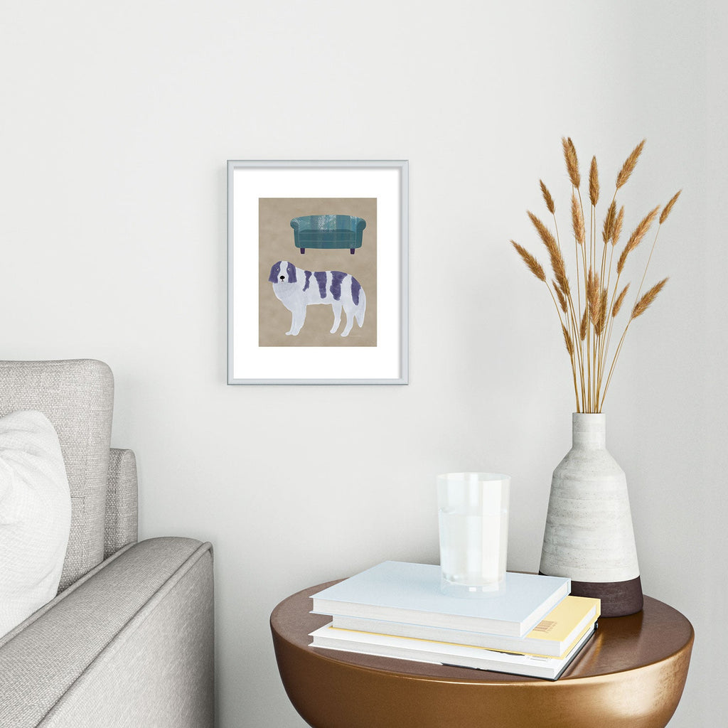norarikka Dog and a Sofa Purple and Beige Metal Framed Art Print