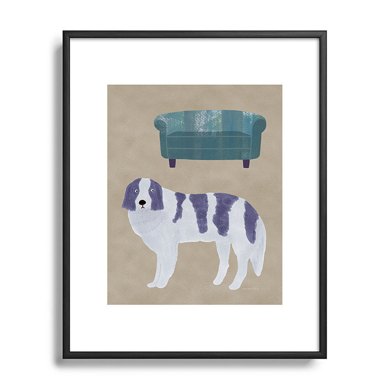 norarikka Dog and a Sofa Purple and Beige Metal Framed Art Print