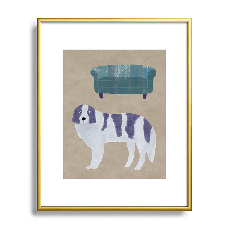 norarikka Dog and a Sofa Purple and Beige Metal Framed Art Print