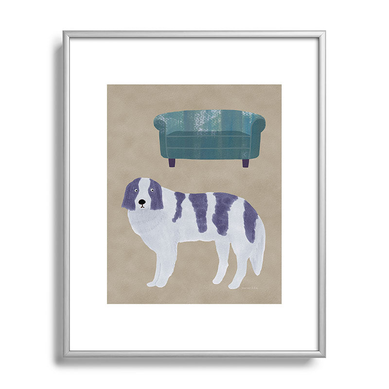 norarikka Dog and a Sofa Purple and Beige Metal Framed Art Print