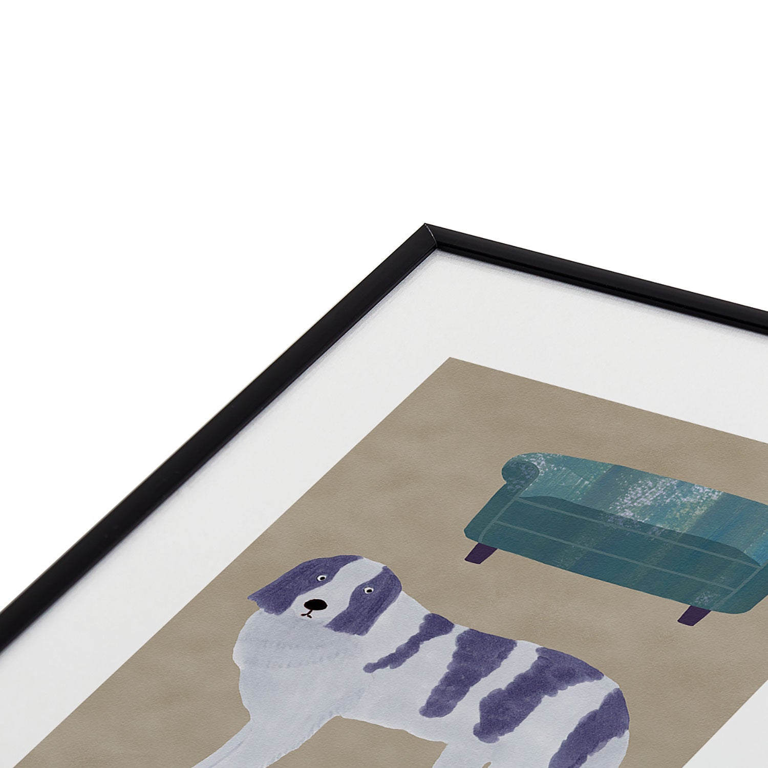 norarikka Dog and a Sofa Purple and Beige Metal Framed Art Print