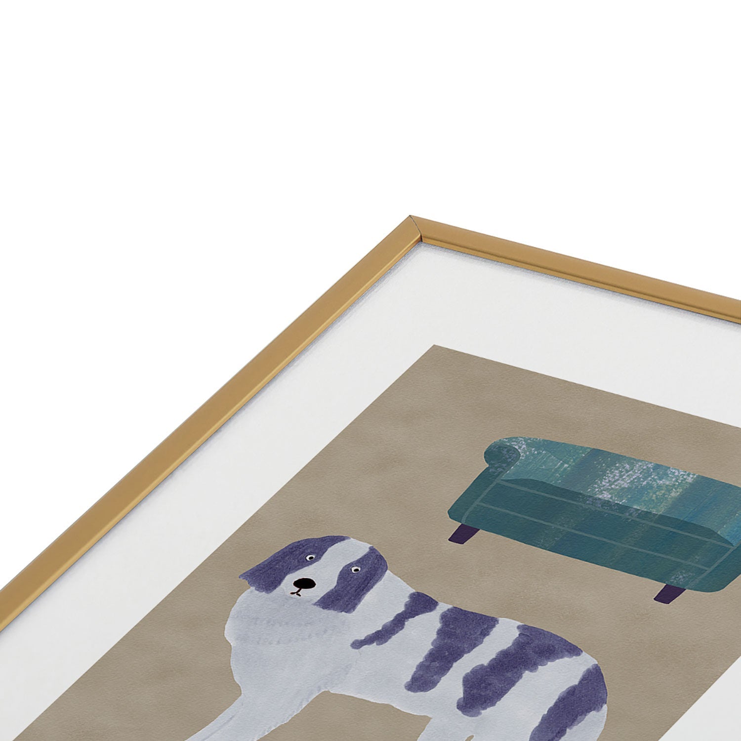 norarikka Dog and a Sofa Purple and Beige Metal Framed Art Print