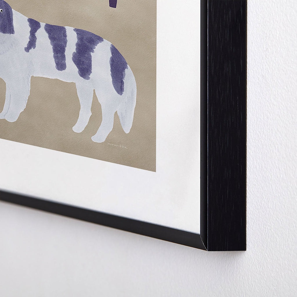 norarikka Dog and a Sofa Purple and Beige Metal Framed Art Print