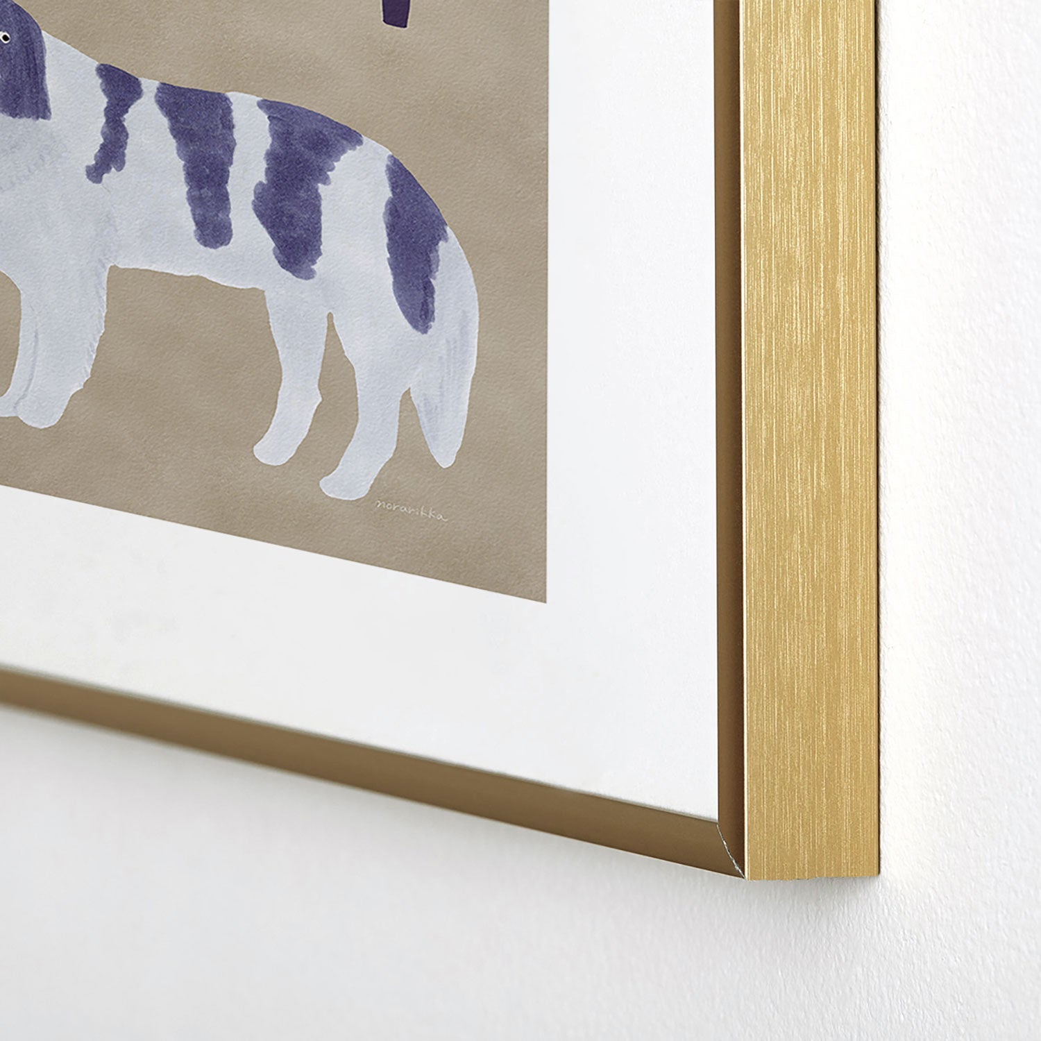 norarikka Dog and a Sofa Purple and Beige Metal Framed Art Print