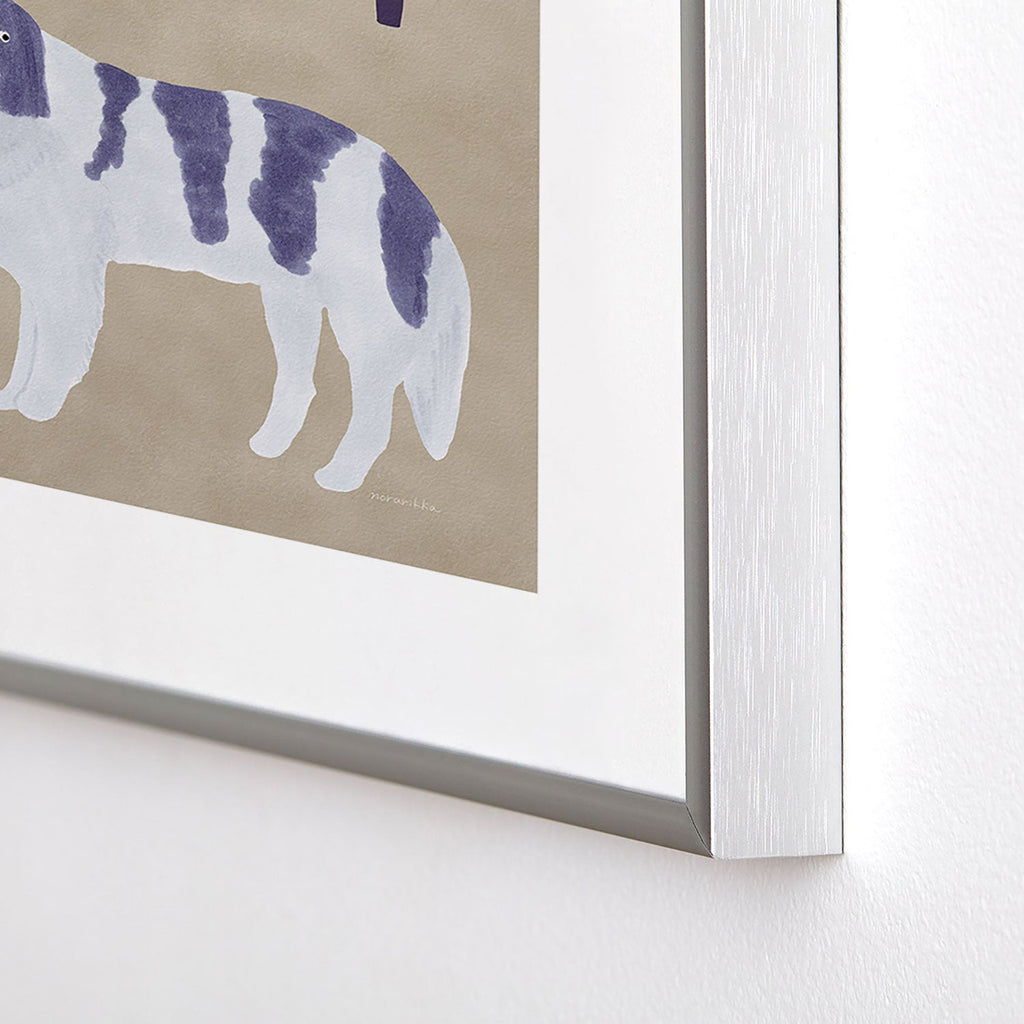 norarikka Dog and a Sofa Purple and Beige Metal Framed Art Print