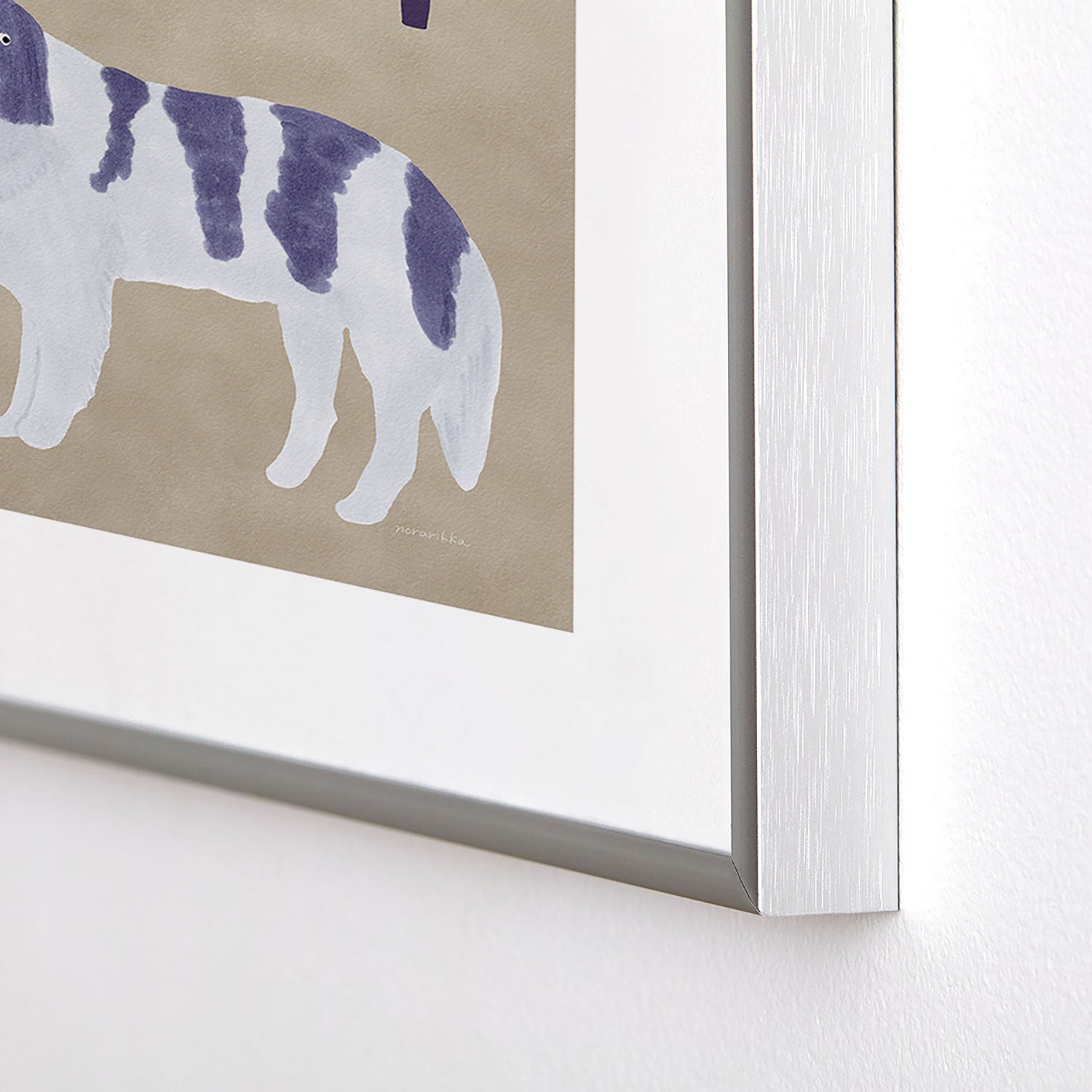 norarikka Dog and a Sofa Purple and Beige Metal Framed Art Print