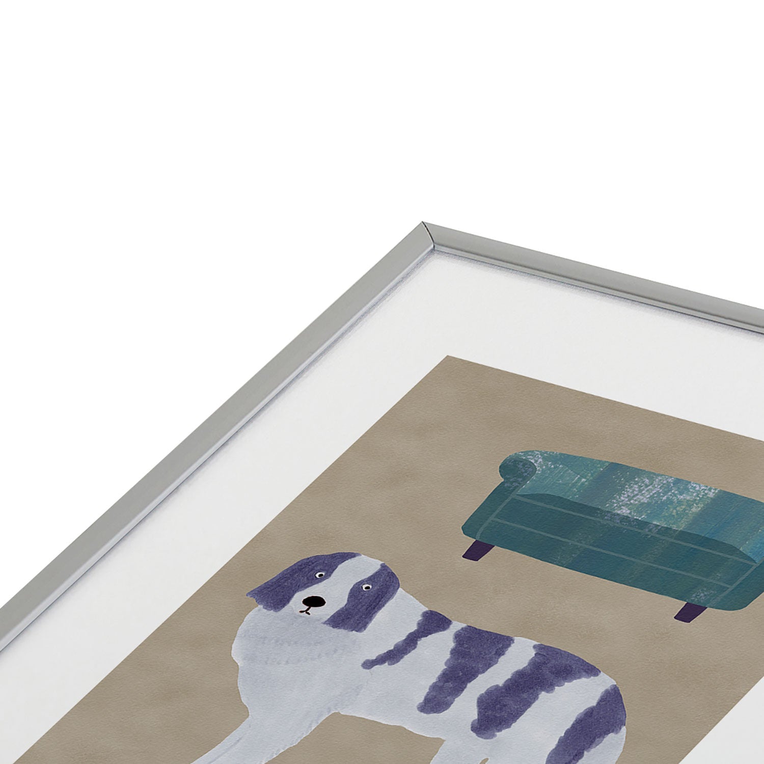 norarikka Dog and a Sofa Purple and Beige Metal Framed Art Print