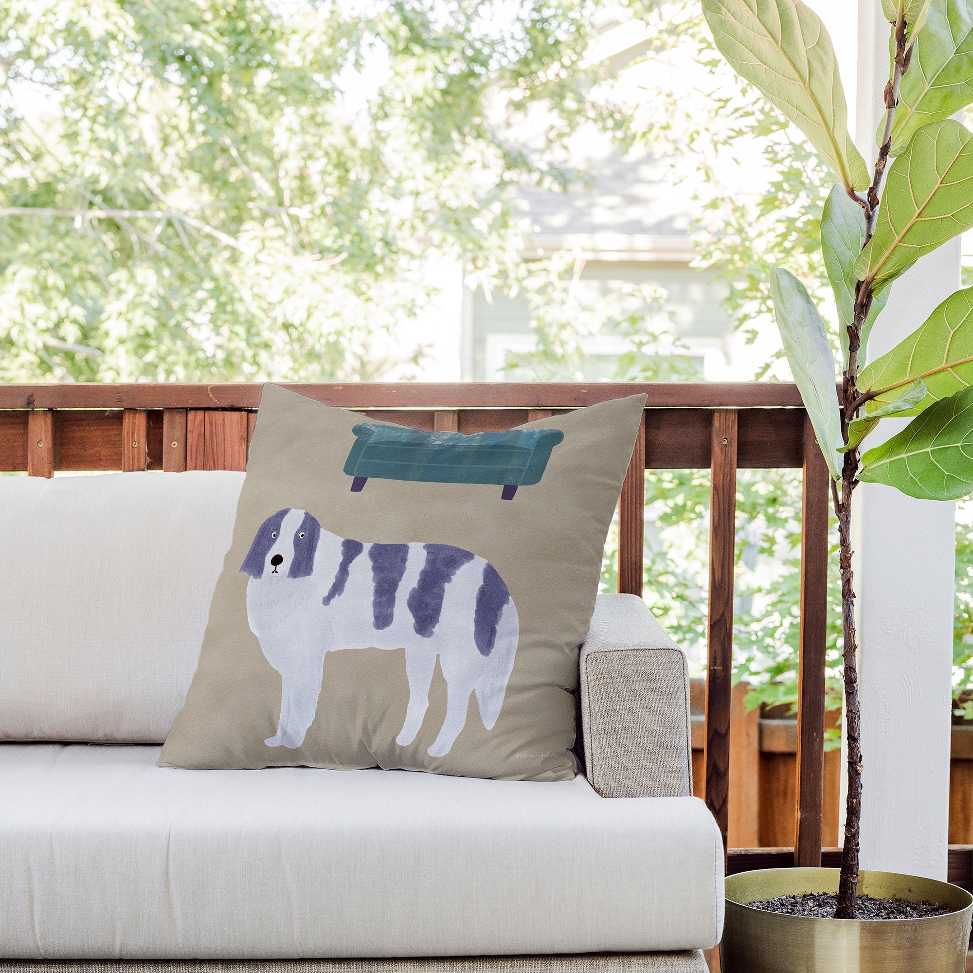norarikka Dog and a Sofa Purple and Beige Outdoor Throw Pillow